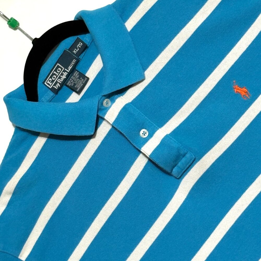Polo Ralph‎ Lauren Mens XL Mesh Blue & White Striped Polo Shirt Excellent
